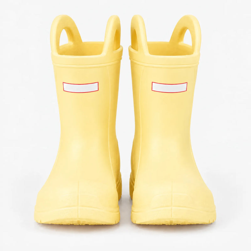 Front view of a pair of pale yellow wellies with pull-on handles, photographed on a plain white background. 9