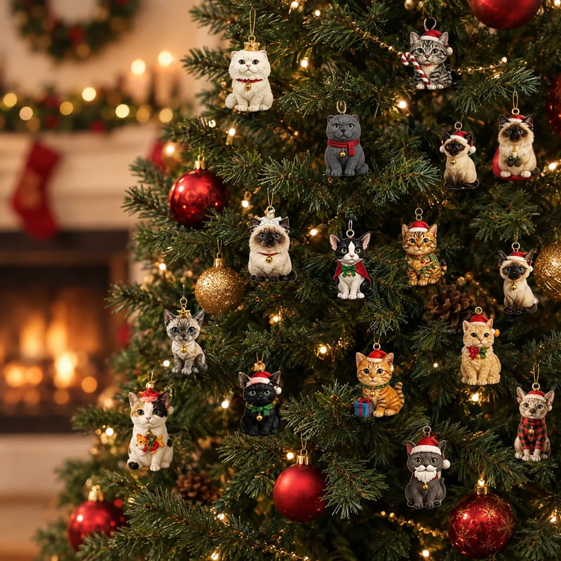 Many small cat ornaments in Santa hats and scarves hanging on a lit Christmas tree, with a fireplace glowing behind. 1