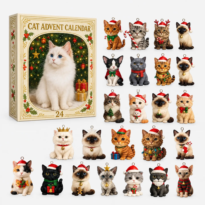 Cream-colored gift box with a white cat on its front, shown beside all 24 different cat ornaments laid out in rows. 2