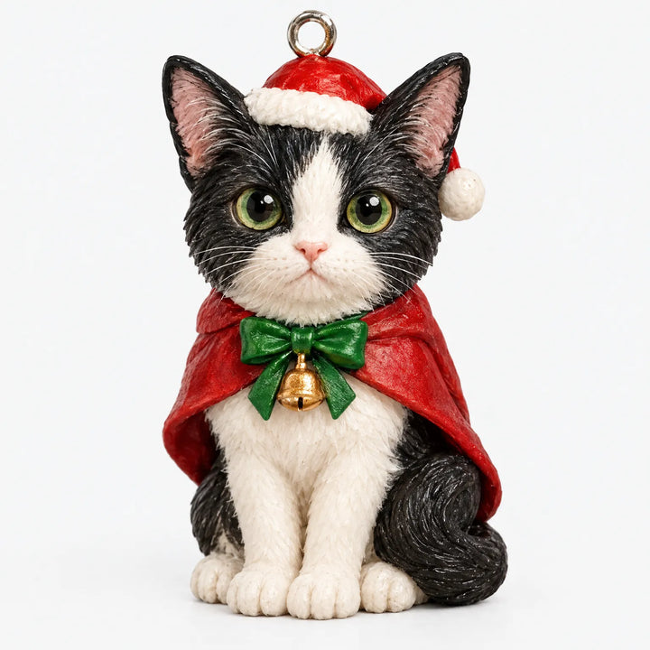 Close-up of one black-and-white cat ornament in a Santa hat and red cape with a green bow and gold bell. 3