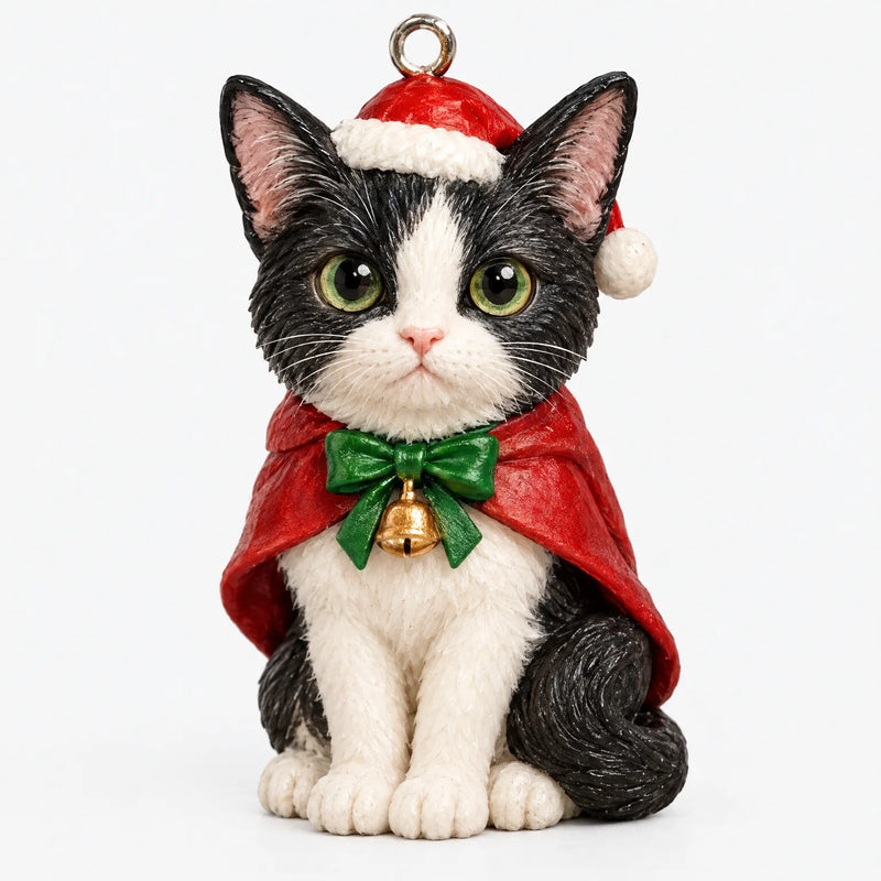 Close-up of one black-and-white cat ornament in a Santa hat and red cape with a green bow and gold bell. 3