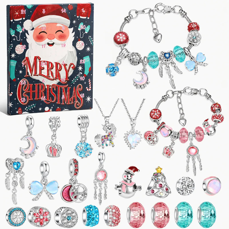 Set flat lay with a smiling Santa box, two assembled pink and turquoise bracelets, two necklaces, and loose moon, dreamcatcher, snowman and tree charms. 9
