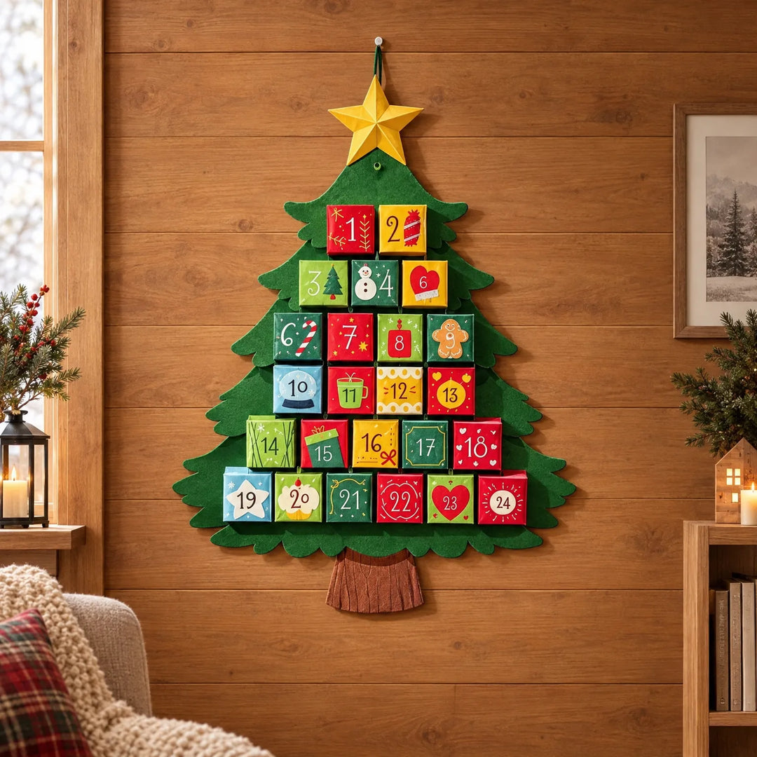 Felt tree-shaped advent calendar with colourful numbered pockets and a yellow star, hung on a wooden wall in a cosy room. 1