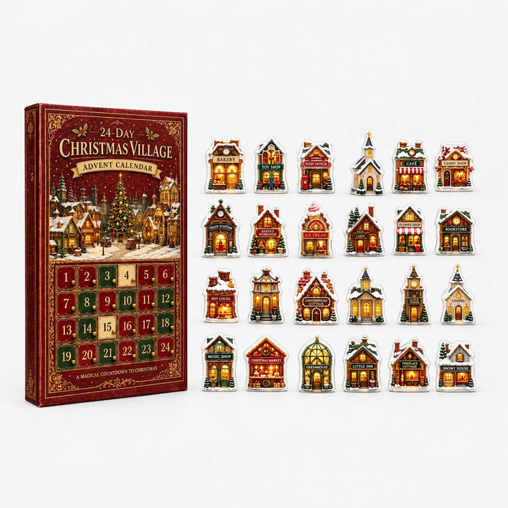 Red and green advent calendar box with numbered doors standing beside all 24 miniature village building ornaments arranged in four rows on white. 2