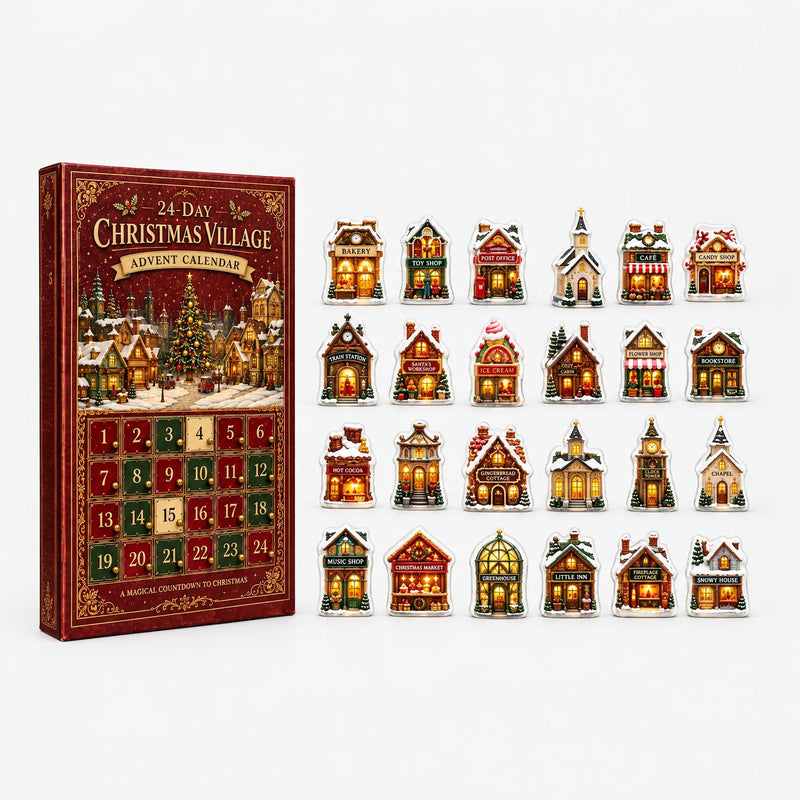 Red and green advent calendar box with numbered doors standing beside all 24 miniature village building ornaments arranged in four rows on white. 2