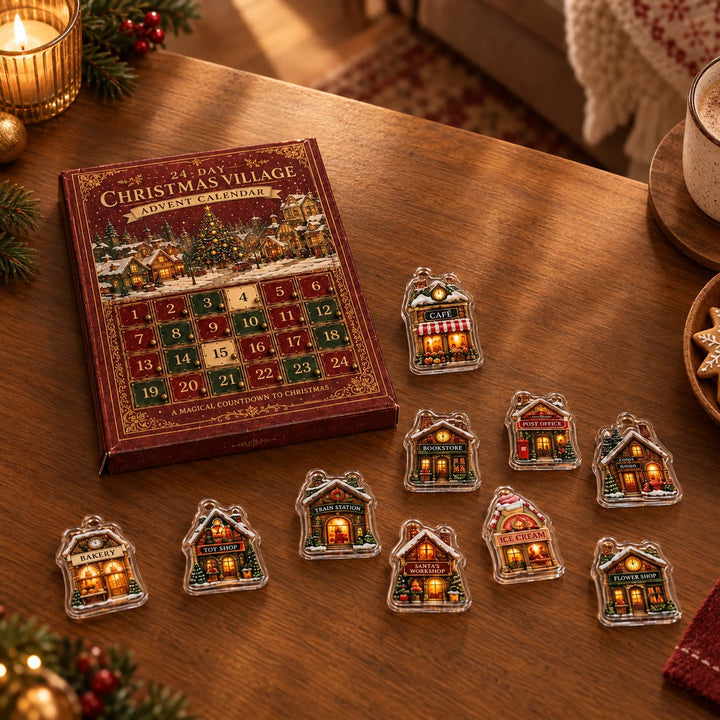 Advent calendar box on a wooden table beside ten clear acrylic village building ornaments, with a candle, cocoa mug and gingerbread nearby. 3
