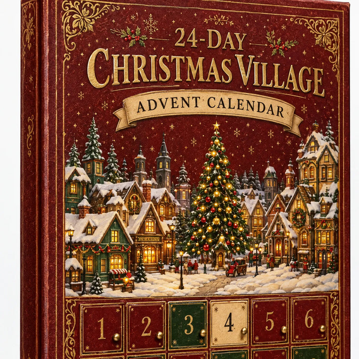Close-up of the red advent calendar cover showing a snowy village scene with a lit tree, gold lettering and the first numbered doors. 4
