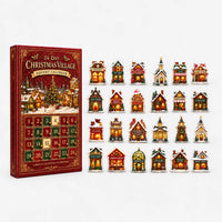Front view of the red advent calendar box with its numbered doors next to the 24 small village building ornaments in a grid. 5