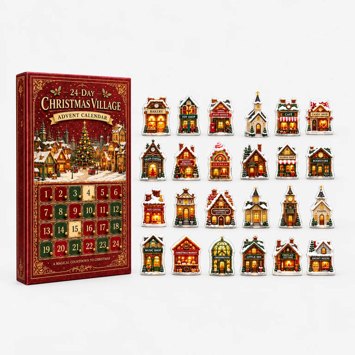 Front view of the red advent calendar box with its numbered doors next to the 24 small village building ornaments in a grid. 5