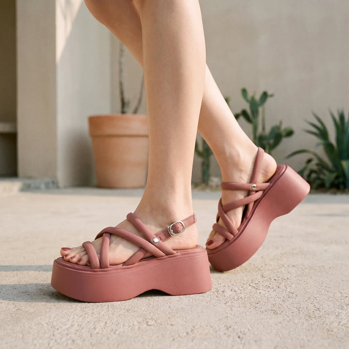 Chunky Ladies Wedge Sandals With Ankle Straps - Olga