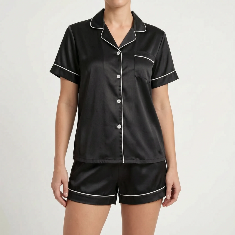 Front view of the black satin pyjama set with white piping and light grey buttons, worn by a model against a plain background. 9