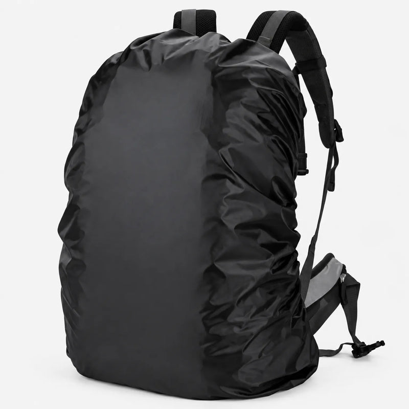 Black cover fitted over a rucksack on a plain light background, shown from the side with the shoulder straps visible. 2