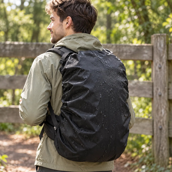 Smiling man in a green jacket walking past a wooden fence, his rucksack covered in a black cover dotted with water droplets. 3