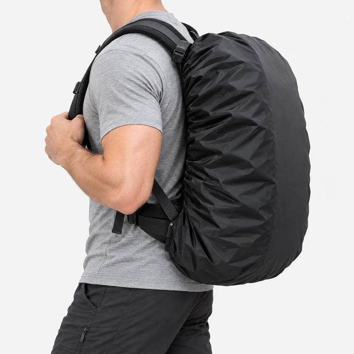 Side view of a man in a grey t-shirt and dark trousers carrying a rucksack under a snug black cover. 4