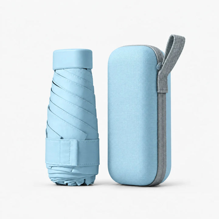 Light blue folded umbrella with cap and strap beside a matching hard zippered case with a grey wrist loop, on white. 13