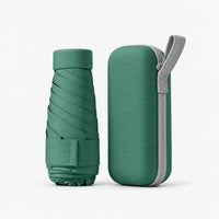 Dark green folded umbrella with cap and strap beside a matching hard zippered case with a light grey wrist loop, on white. 14