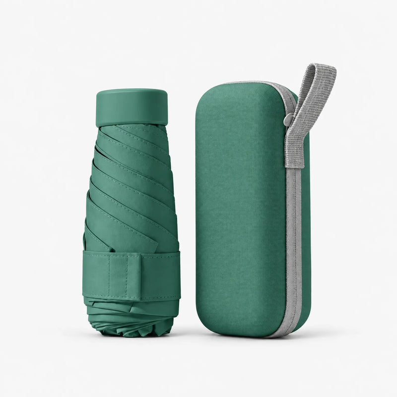 Dark green folded umbrella with cap and strap beside a matching hard zippered case with a light grey wrist loop, on white. 14