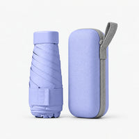Lavender purple folded umbrella with cap and strap beside a matching hard zippered case with a grey wrist loop, on white. 7