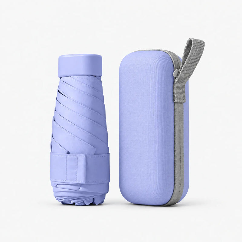 Lavender purple folded umbrella with cap and strap beside a matching hard zippered case with a grey wrist loop, on white. 7