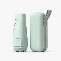 Mint green folded umbrella and matching hard zip case with grey wrist loop, shown at a slightly different angle on white. 8