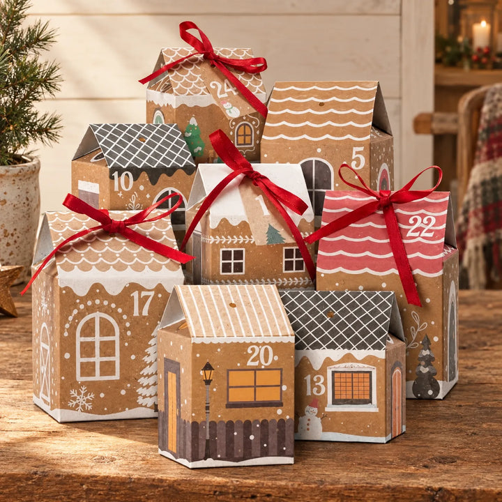 Kraft paper house-shaped boxes with red ribbon bows stacked on a rustic wooden table beside a small fir tree in a festive room. 1