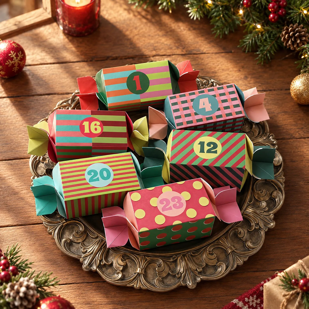 Six candy-shaped paper boxes in striped, checked and polka-dot patterns with number stickers, arranged on an ornate tray among Christmas decorations. 1