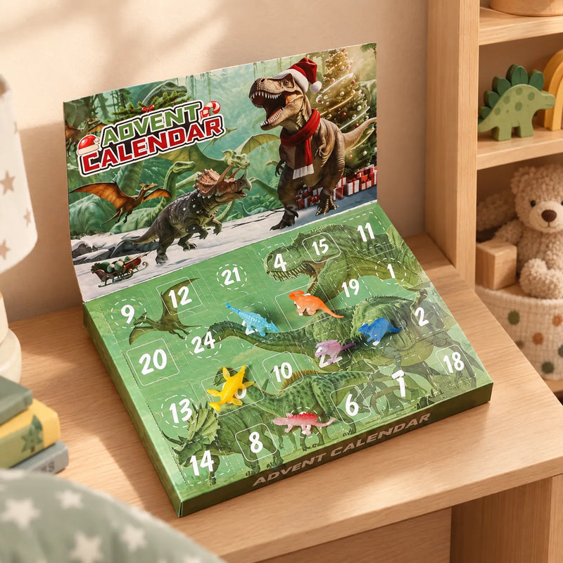 Green dinosaur-themed advent calendar standing open on a wooden shelf in a child's room, with small colourful dinosaur toys resting on its numbered doors. 1