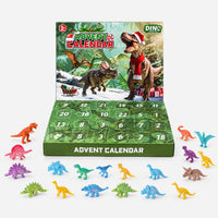 Front view of the calendar box with numbered doors, surrounded by the many small colourful plastic dinosaur figures laid out in front of it. 2