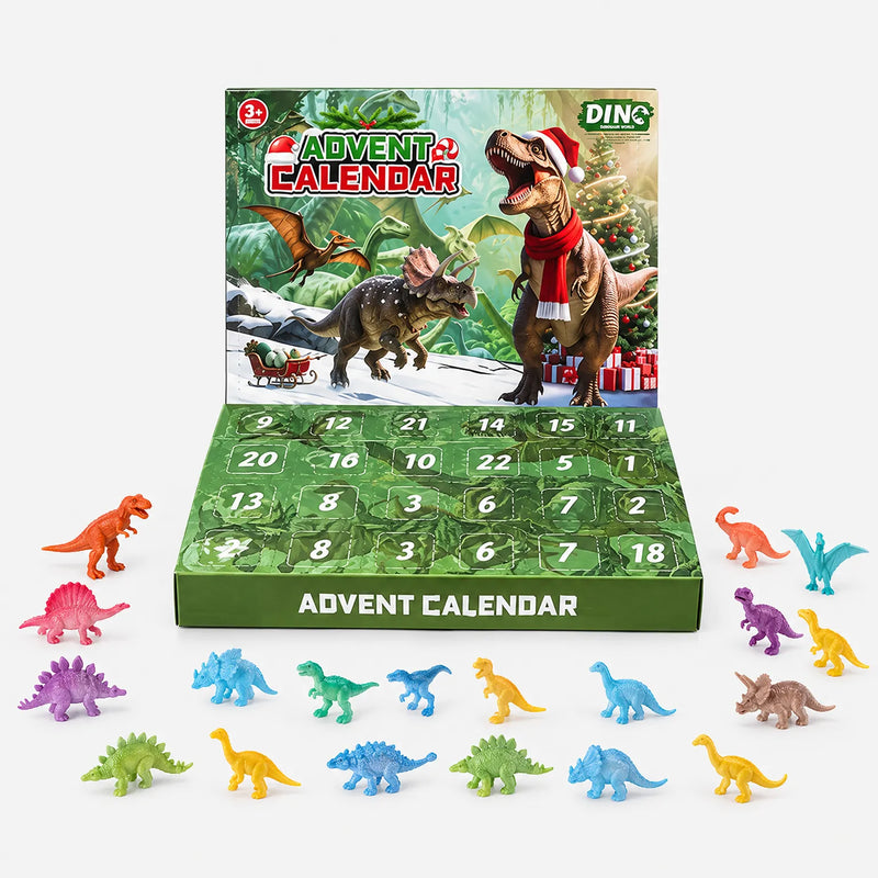 Front view of the calendar box with numbered doors, surrounded by the many small colourful plastic dinosaur figures laid out in front of it. 2