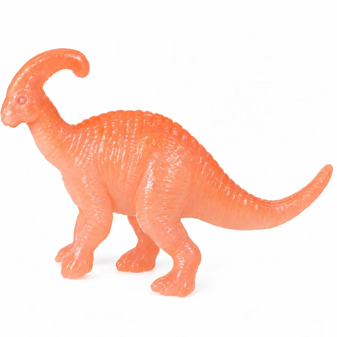 Close-up of a single orange crested dinosaur figure with a curved head crest, shown against a plain white background. 4