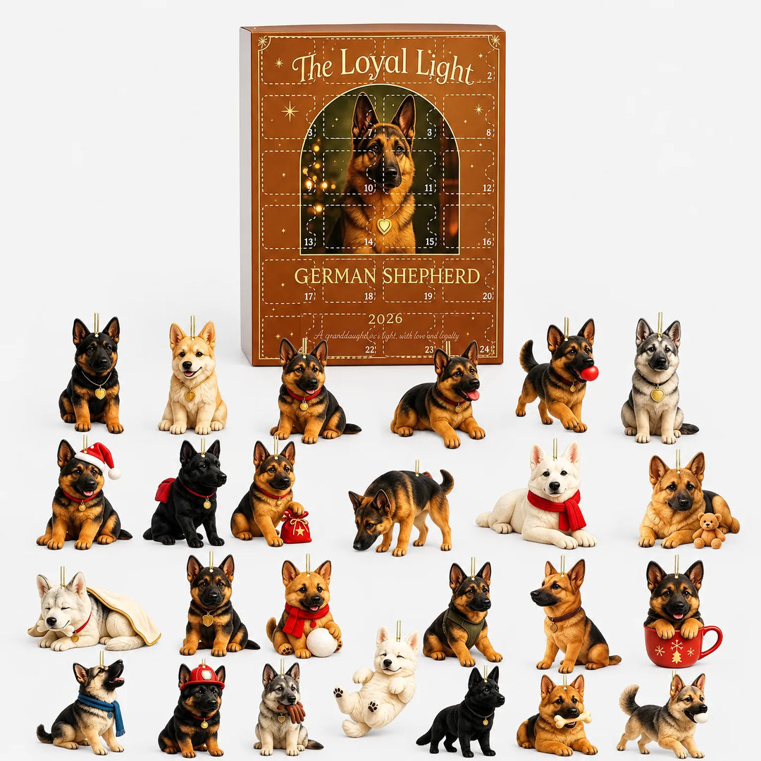 Brown advent calendar box with numbered doors stands behind all twenty-four dog ornaments laid out in rows on a white surface. 2