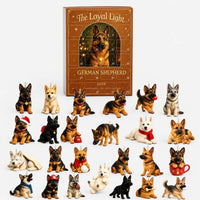 Brown advent calendar box with numbered doors stands behind all twenty-four dog ornaments laid out in rows on a white surface. 2