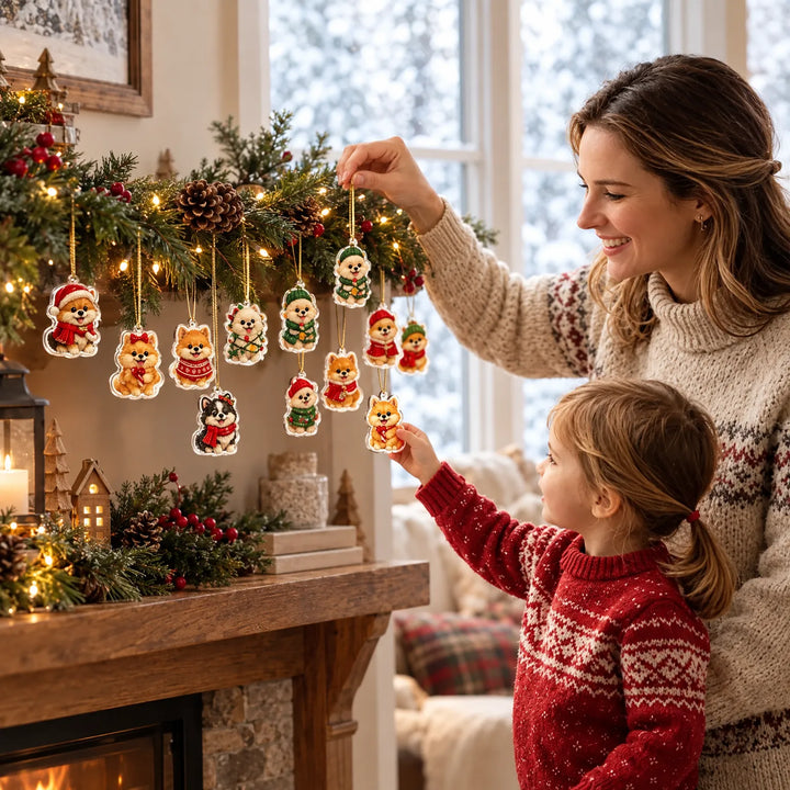Woman and child hanging small clear acrylic Pomeranian ornaments on gold cords from a pine garland on a lit fireplace mantel. 1