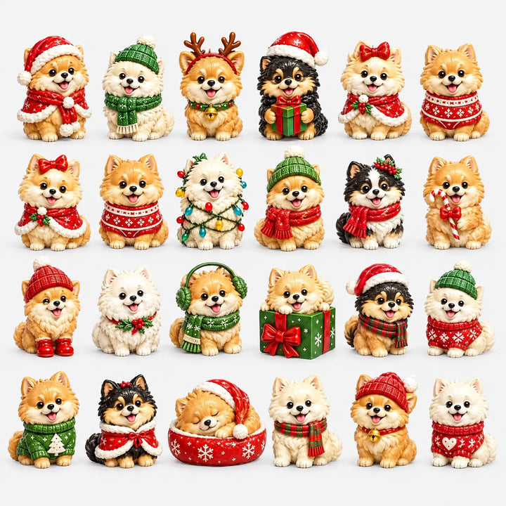 Grid of 24 figurines of Pomeranian puppies in different festive outfits, including hats, scarves, sweaters, gifts and string lights. 2