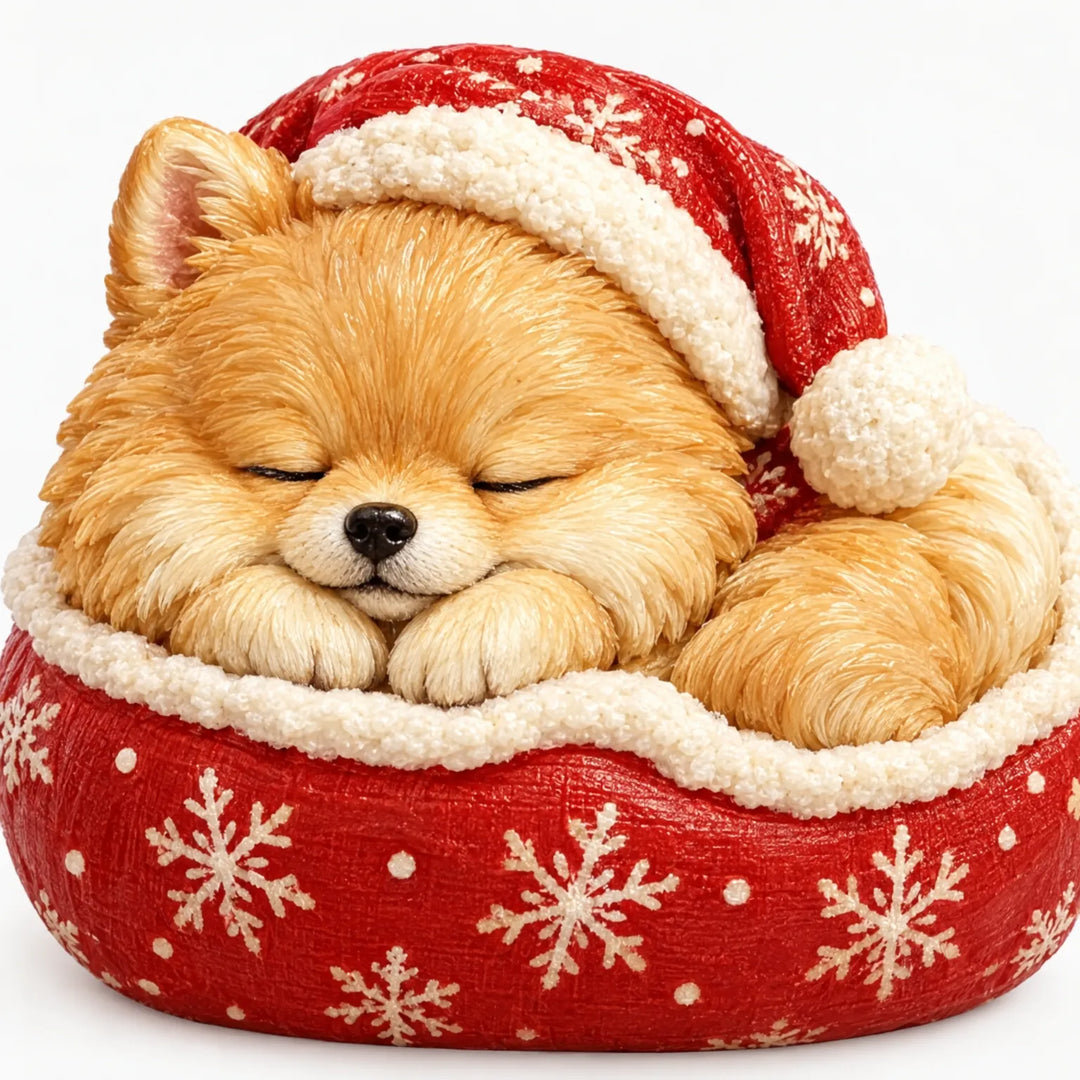 Close-up of a sleeping Pomeranian puppy figurine in a red Santa hat, curled up in a red snowflake-patterned bed. 3