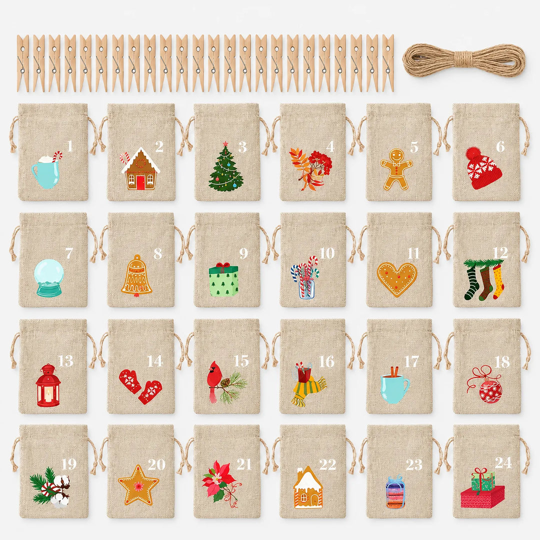 Flat lay of all 24 numbered burlap drawstring bags with different Christmas illustrations, plus wooden clothespins and a coil of twine. 2
