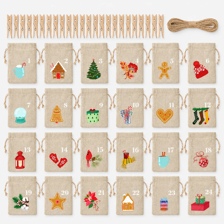 Flat lay of all 24 numbered burlap drawstring bags with different Christmas illustrations, plus wooden clothespins and a coil of twine. 2