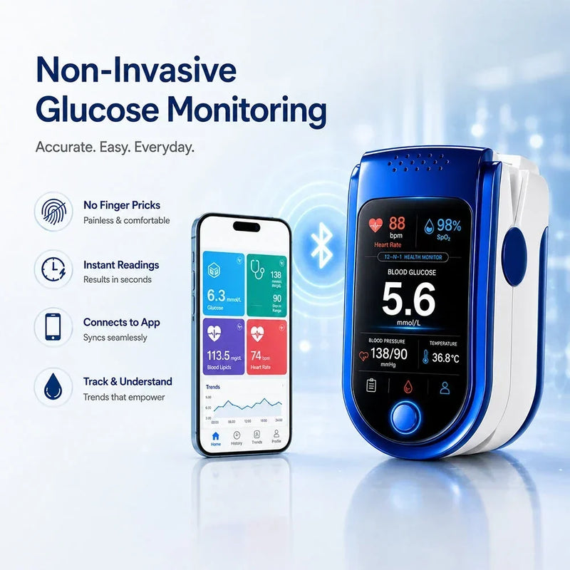 Monitor beside a smartphone showing a health tracking app, with a Bluetooth symbol linking the two devices. 10