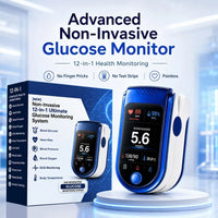 Monitor on a white pedestal in front of its blue and white retail box, which lists the health functions it covers. 11