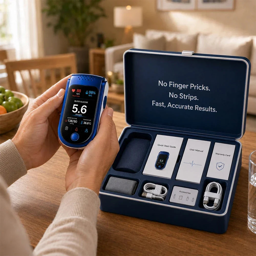 Hands hold the monitor beside an open navy presentation case containing guide cards, a cuff, a pouch and charging cables. 3