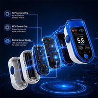 Exploded view of the monitor showing its internal circuit boards, optical sensor and battery casing separated in a diagonal line. 8