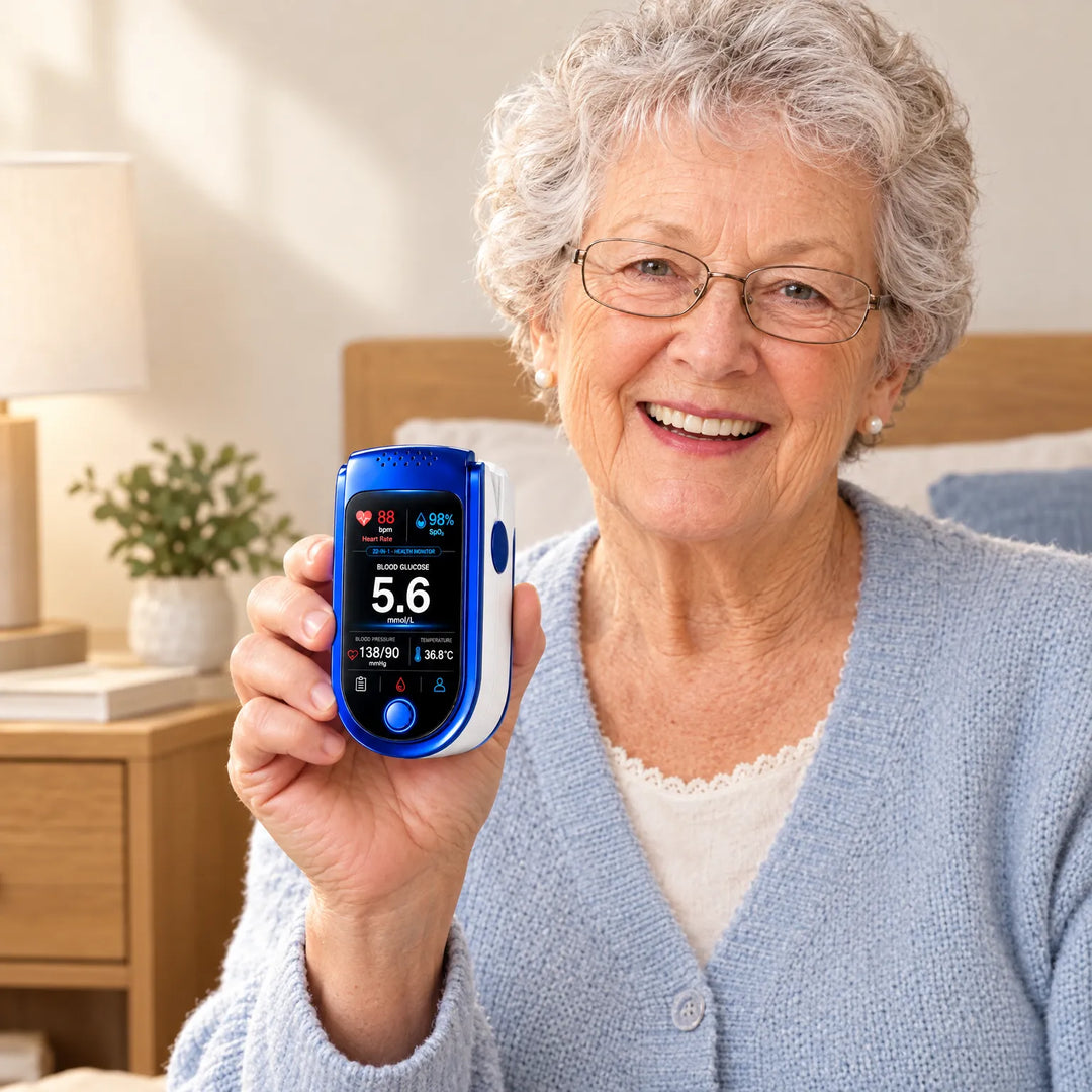 Smiling older woman in a pale blue cardigan holds up the blue and white fingertip monitor, its screen showing readings, in a bedroom. 1