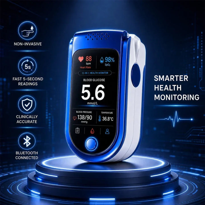 Blue and white monitor on a glowing round pedestal against a dark blue digital background, with four feature icons beside it. 7