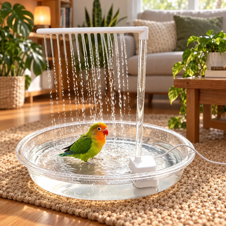 Green and orange lovebird bathing in the clear dish under falling water streams, set on a woven rug in a bright living room. 2