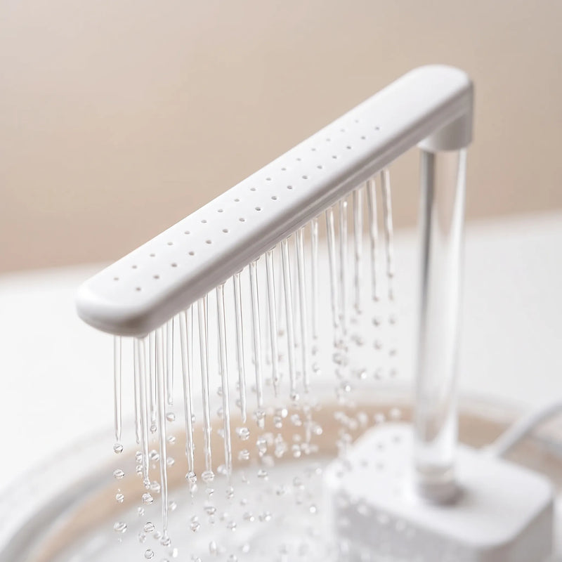 Close-up of the white shower bar with its rows of small holes and fine water streams dripping from it above the dish. 3
