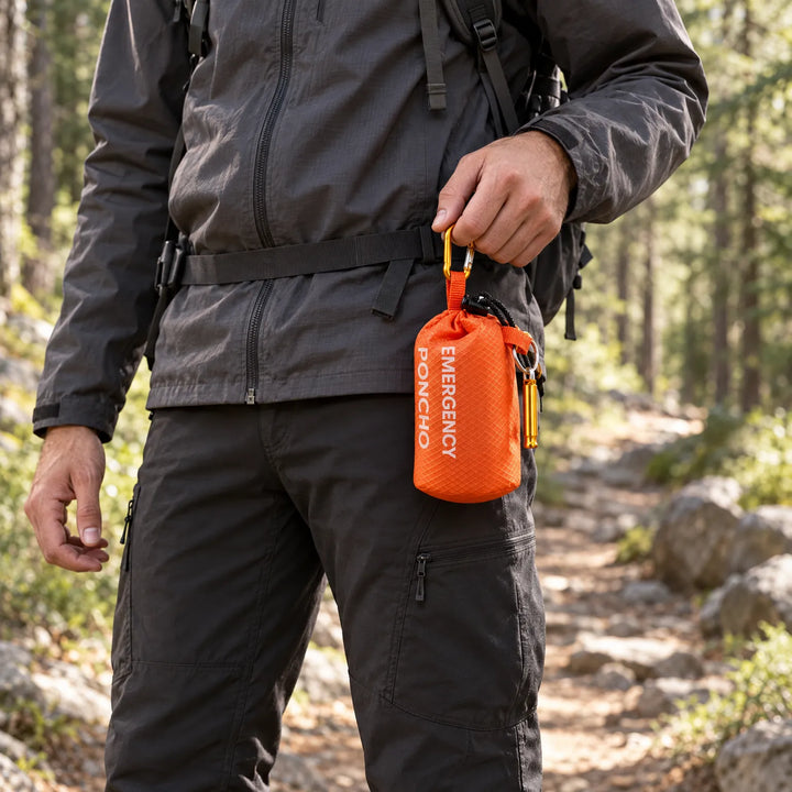 Hiker in a dark jacket on a forest trail holding the poncho's small orange drawstring pouch, clipped by carabiner with a whistle. 1
