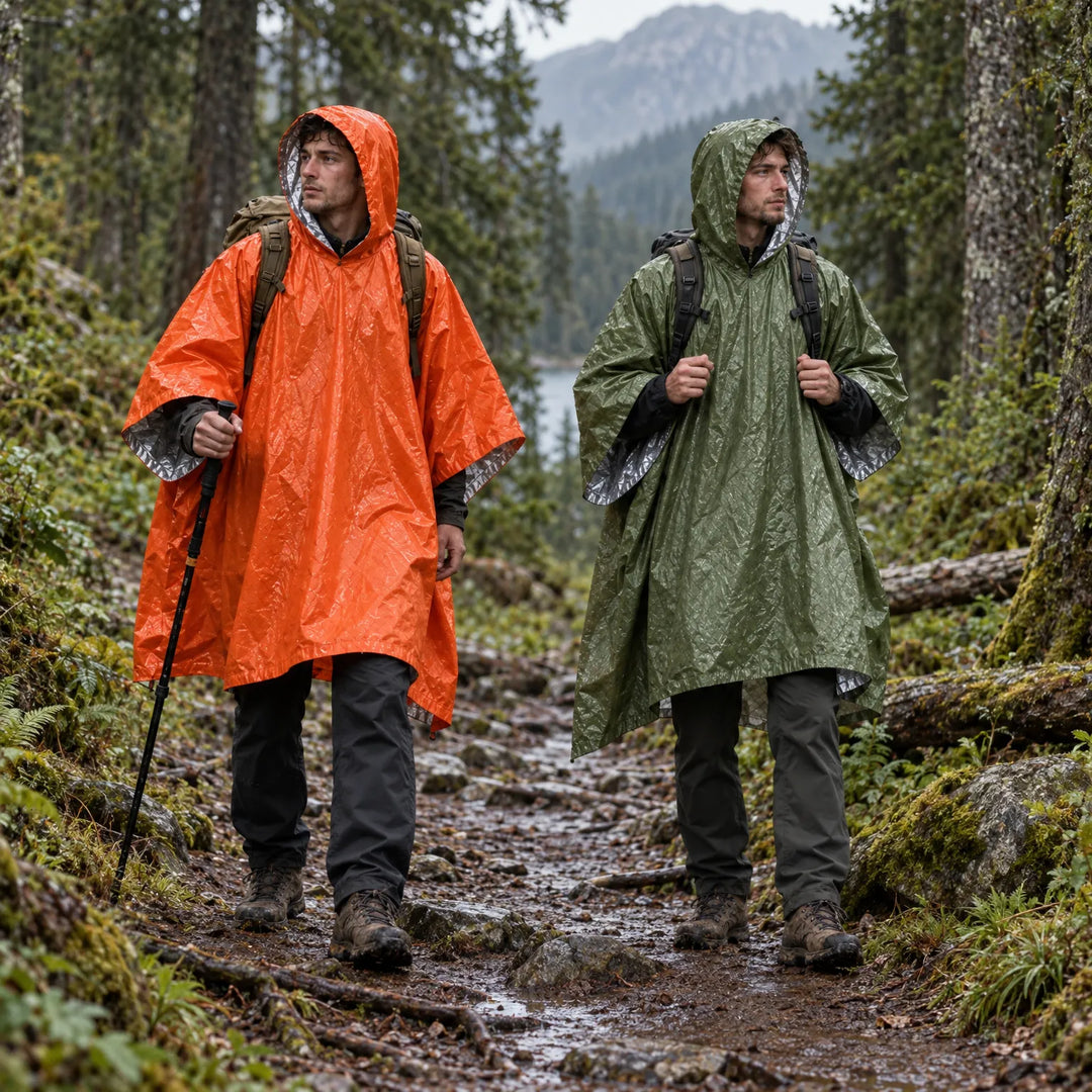 Two hikers with backpacks walking a wet forest trail, one in an orange poncho and one in an olive green poncho. 3