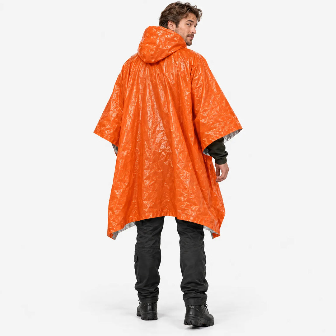 Back view of a man wearing the hooded orange poncho, glancing over his shoulder, with the silver lining visible at the hem. 4