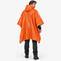 Back view of a man wearing the hooded orange poncho, glancing over his shoulder, with the silver lining visible at the hem. 4