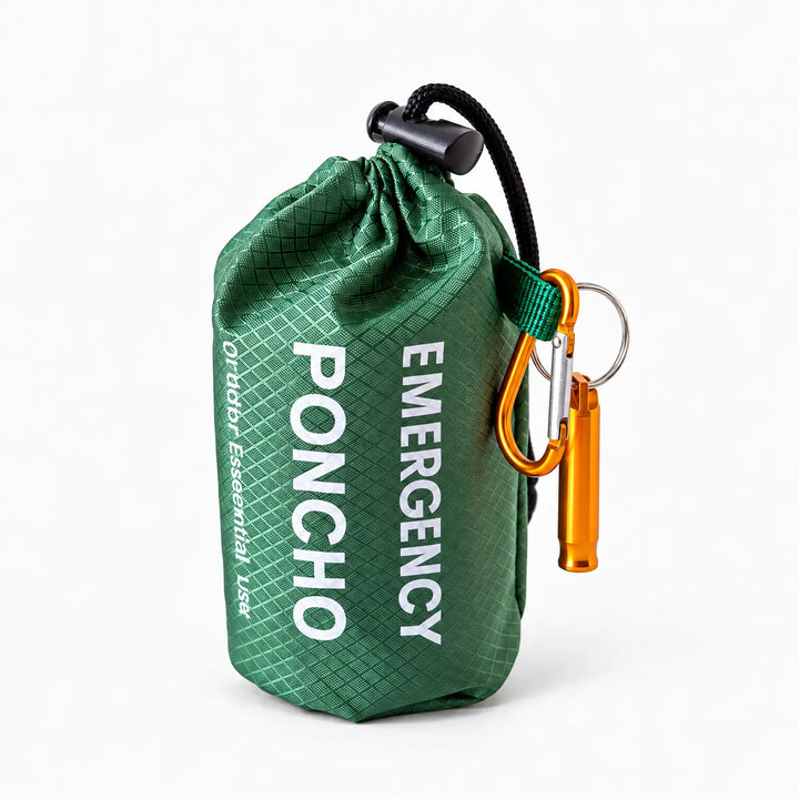 Green drawstring storage pouch for the poncho, with a gold carabiner and whistle attached, on a white background. 6